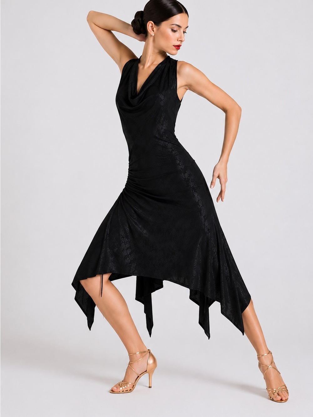 Open Back Dark Brown Argentine Tango Dress Cowl Neck Ruched Asymmetrical Hem